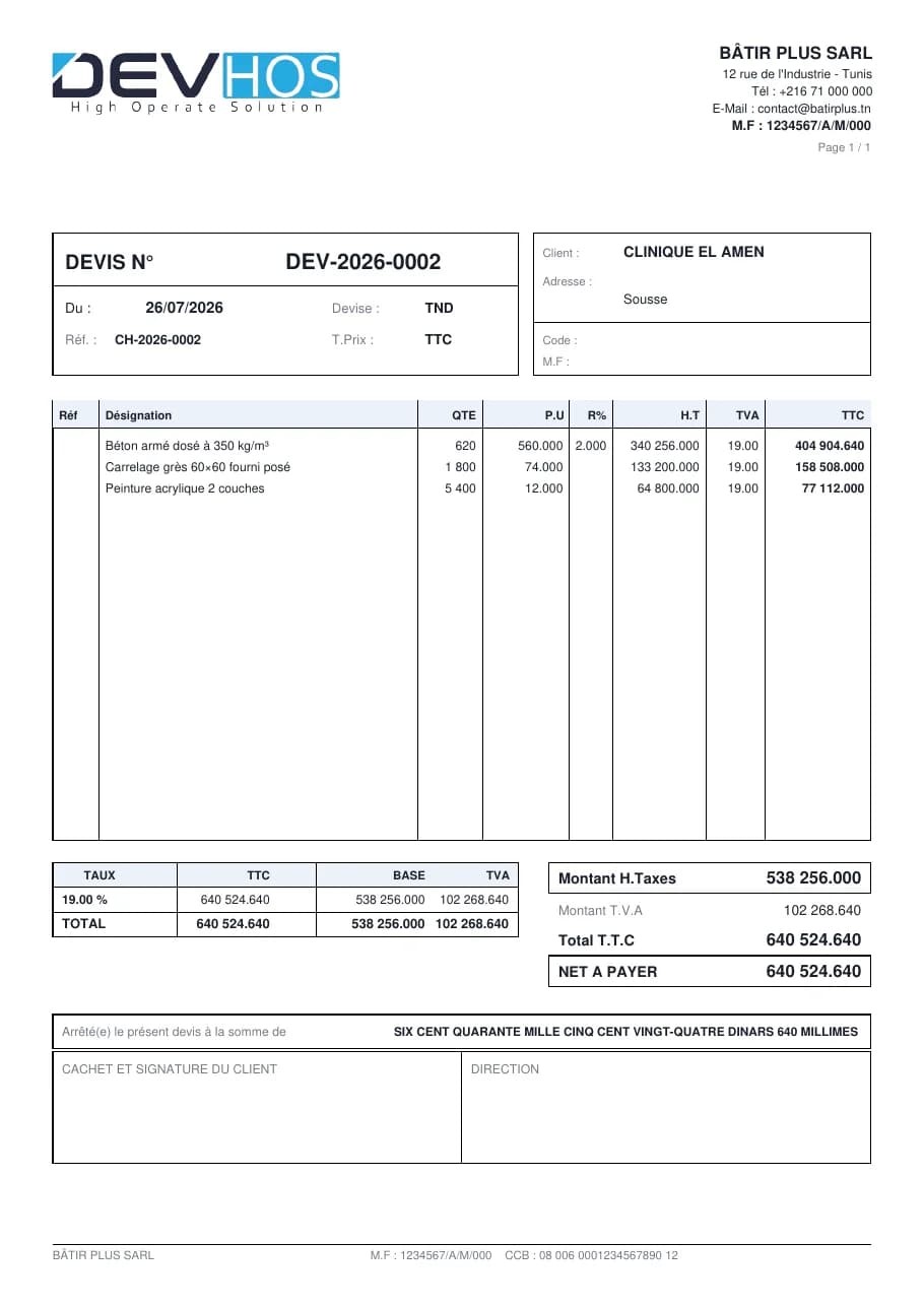 Première page d’un devis au format PDF : emplacement du logo de l’entreprise, coordonnées, numéro et date du devis, client, lignes avec quantité, prix unitaire, remise et TVA, totaux et montant en toutes lettres.