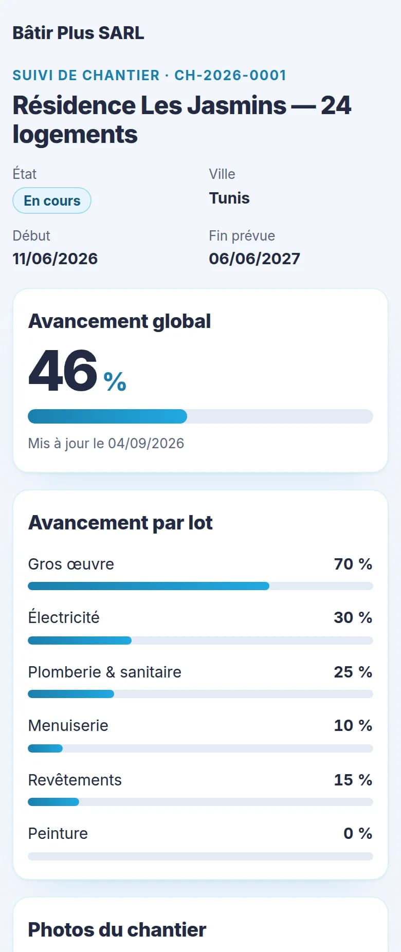 Portail de suivi client sur téléphone : nom de l’entreprise, chantier, état « En cours », dates, avancement global de 46 % et avancement de chacun des six lots.